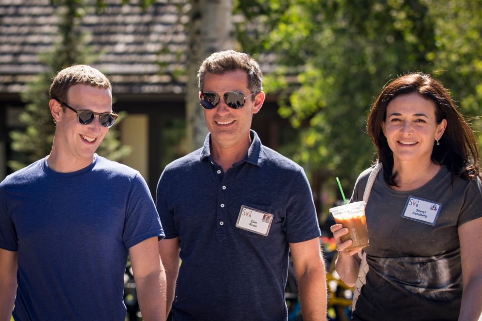 Facebook CEO Mark Zuckerberg (L), head of partnership Dan Rose (M) and COO Sheryl Sandberg at the annual Allen & Company Sun Valley Conference