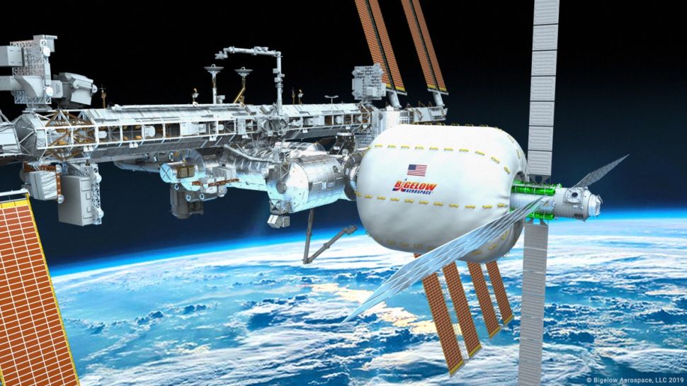 In this rendering, a B330 is seen on the forward node of the International Space Station.