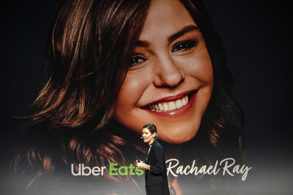 Uber Eats' head of marketing Nikki Neuburger announces a new partnership with celebrity chef Rachael Ray during an Uber products launch event in San Francisco, Calif., on Sept. 26, 2019.