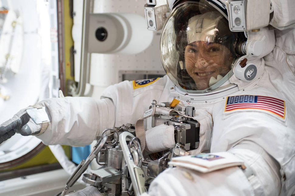 NASA astronaut Christina Koch is suited up in a U.S. spacesuit before beginning a seven hour and one minute spacewalk.