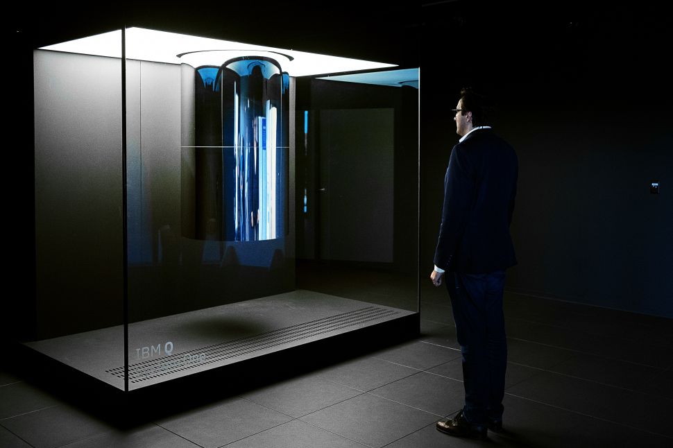Dario Gil, director of IBM Research, stands in front of IBM's Q System One quantum computer on October 18, 2019.