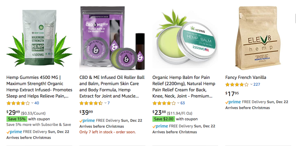 Just a few of the thousands of CBD products listed on Amazon.