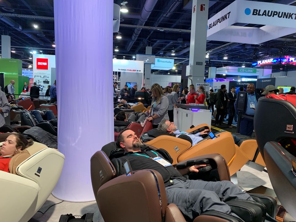 Luxury massage chair maker OHCO showcases its latest M.8 massage chair made in collaboration with VR company Esqape. Price starts at $12,000.