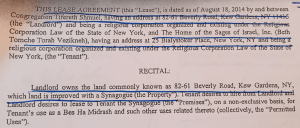 The lease negotiated by Rabbi Aschkenazi that arranges for Homes of Sages on the East Side to rent space from Congregation Tifereth Shmuel in Kew Gardens Queens. Google Maps estimates that would take 25 minutes to drive and nearly three hours to walk. 