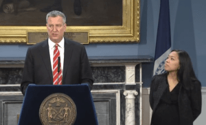 Mayor Bill de Blasio with incoming NYCEDC President Maria Torres-Springer (Screengrab: NYC Mayor’s Office).