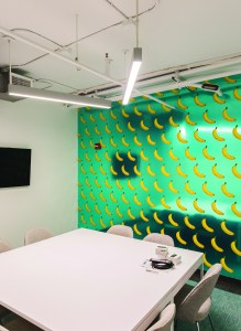 One of the area's conference rooms has scratch-and-sniff wallpaper (Photo: Sasha Maslov for Commercial Observer).