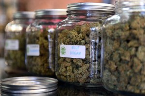 Medical marijuana dispalyed in glass jars at Los Angeles' first-ever cannabis farmer's market at the West Coast Collective medical marijuana dispensary (Photo: FREDERIC J. BROWN/AFP/Getty Images).