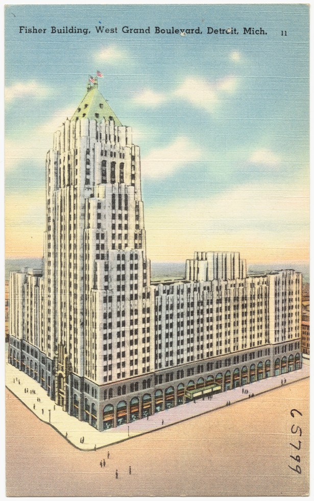 Affordability in the Motor City is Driving in NYC Real Estate Investors An old postcard featuring a drawing of the Fisher Building (Boston Public Library/flickr).