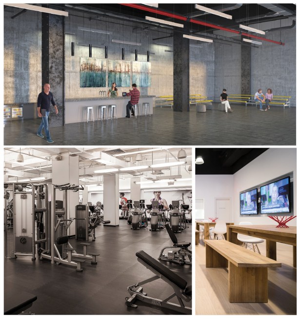 AMENITY NOW: Equity Office's lobby 114 West 41st Street (top) is slated to become a common space, 285 Madison Avenue (right) has tenant lounges and the Empire State Building (left) features a fitness center.