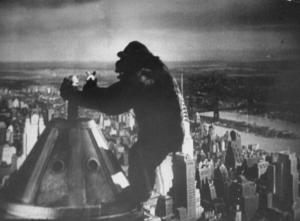 King Kong clinging to top of Empire State building tower in horror movie with Ann Darrow, portrayed by Fay Wray, in his hands (Photo by Alfred Eisenstaedt/The LIFE Picture Collection/Getty Images).