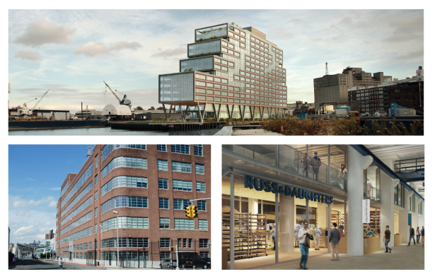 NAVY GRAVY: The runoff glory from the Navy Yard is hitting Flushing Avenue and touching spots like Steiner Studios (bottom left). Rudin Management Company and Boston Properties are developing the 675,000-square-foot Dock 72 (top). The 1-million-square-foot Building 77 is getting an $150 million renovation which includes a Russ & Daughters (bottom right).