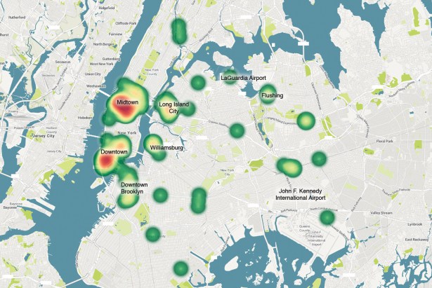 TOO HOT TO HANDLE?: This map shows the growing hotel market, with the densest concentrations (outside of Manhattan) in Long Island City, Williamsburg and Downtown Brooklyn (Map created using MapsData.co.uk).