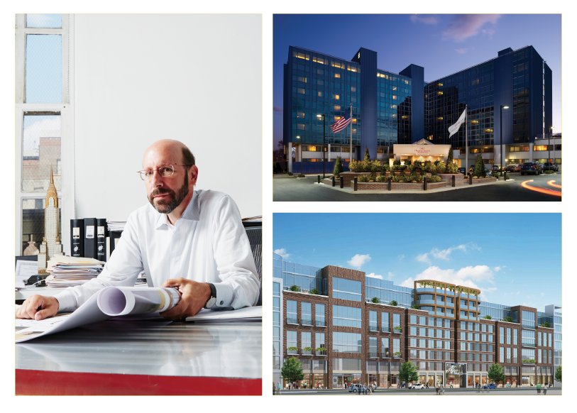 GOOD GENES: Kaufman, in his offices, reskinned the façade of the Crowne Plaza JFK, top, and designed 211 McGuinness Boulevard in Greenpoint, Brooklyn. 