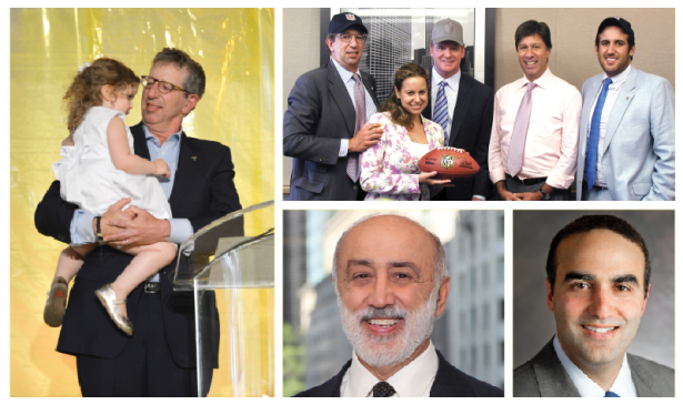 RUDIN AWAKENING: William Rudin with granddaugher Elle (left); the Rudin clan is in business together across the generations (top right) consisting of (from left) William, Samantha Rudin Earls, Roger Goddell (the NFL commissioner, not in the family) Eric and Michael. Some families, however, split up, like Henry Elghanayan (bottom center) and son Justin (bottom right) who broke off from Henry’s brothers.