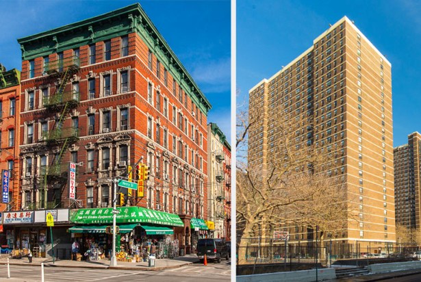 A TALE OF TWO BRIDGES: Chinese mom-and-pop shops dot the streets of Two Bridges, at left, as developers erect or upgrade residential buildings, such as 265-275 Cherry Street, at right.