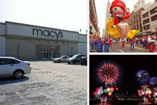 FIRE SALE: Despite the national exposure that Macy’s Inc. has garnered from the famous Macy’s Thanksgiving Day Parade (top right) and the Macy’s Fourth of July Fireworks show (bottom right), either on the Hudson River or the East River, the brand has been suffering and will shutter 100 stores. That includes the 158,000-square-foot Macy’s in Douglaston, Queens (left).