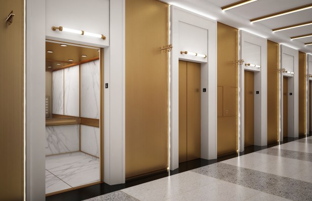 The Plan: A Look at the New Interior Design of 450 Seventh Avenue New elevators will be added throughout the building and a brass feature will be installed to give the floors a gold and marble-like look.Photo: Kaufman Organization.