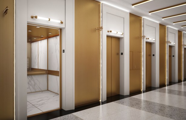 New elevators will be added throughout the building and a brass feature will be installed to give the floors a gold and marble-like look.Photo: Kaufman Organization.