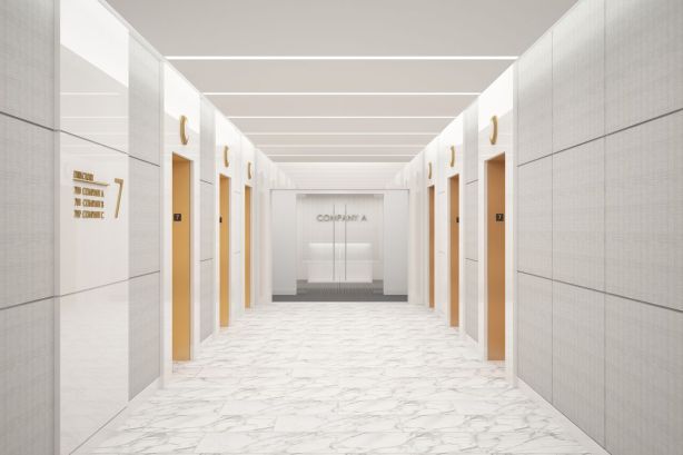 Kaufman plans to insert new LED lights and white floors and walls to brighten up the common areas in the building. Photo: Kaufman Organization.