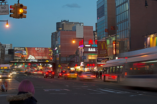 Flushing's Main Street at night.