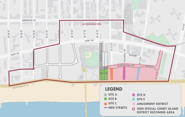 A map of Coney Island that indicates the five lots where the city hopes to add more attractions. The lots are color coded in green, orange, purple, blue and gray. Map: NYCEDC