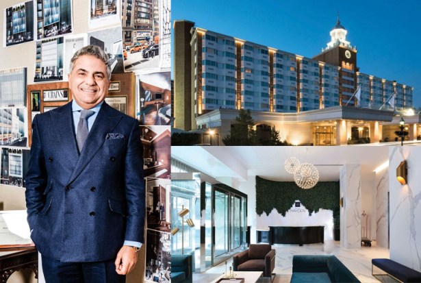 MOOD AWAKENING: Morris Moinian (left) with his mood wall, through which he says he seeks inspiration for his various projects. Those include Hotel Hayden (the lobby is pictured immediately above), which is slated to open next month; and The Garden City Hotel on Long Island (top), which Moinian scooped up in June 2012.