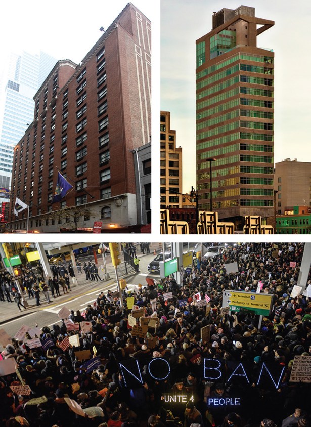 HEARTBREAK HOTEL: Gallivant Times Square, top left, is in foreclosure and St. James Hotel, top right, is up for sale. Meanwhile, protestors came out against the travel ban at John F. Kennedy International Airport. 