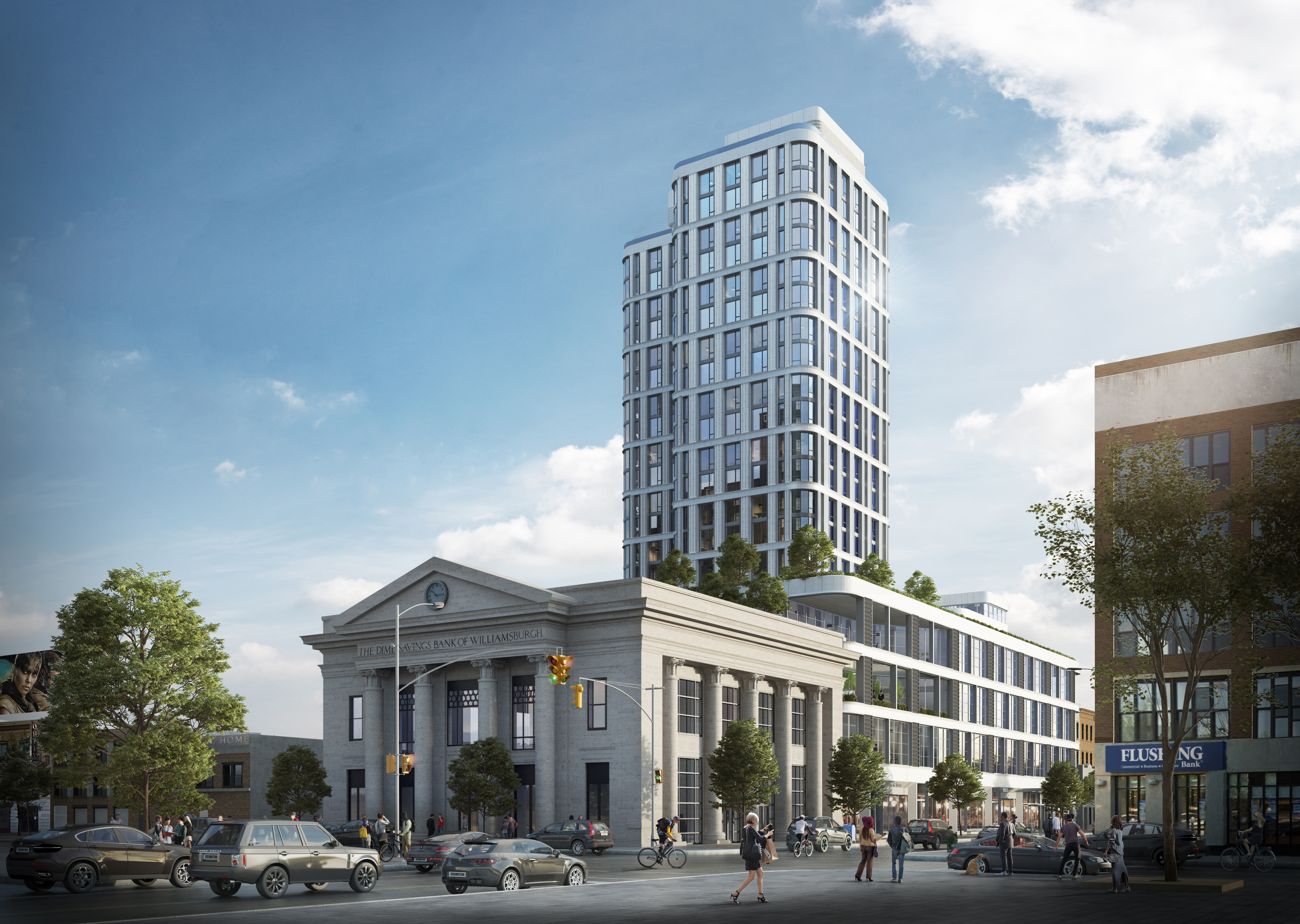 The Plan: A New 22 Story Mixed Use Tower Joins a Historic Bank in Williamsburg The planned 22-story Dime next to the old Dime Savings Bank of Williamsburgh. Rendering: Fogarty Finger Architecture