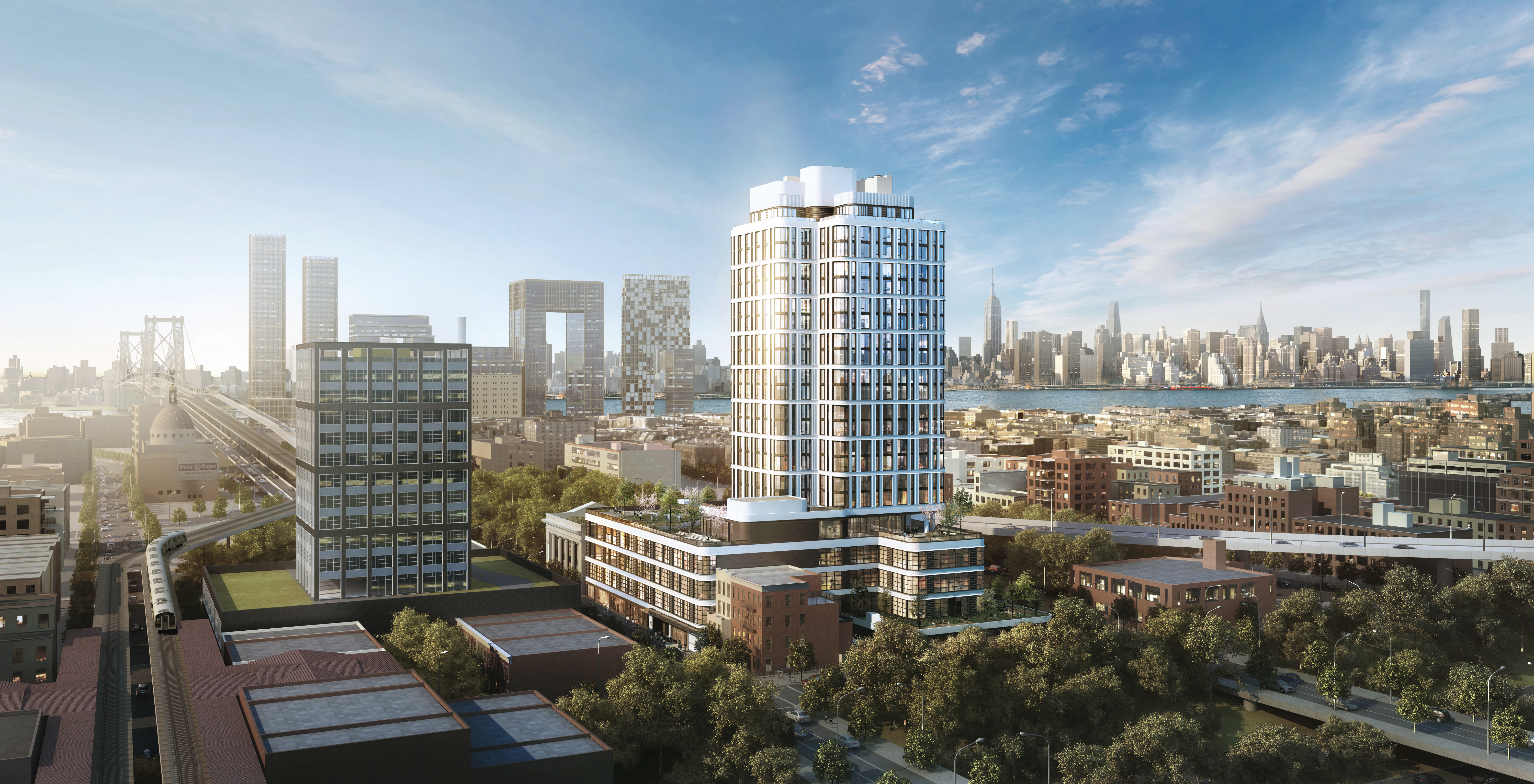 The Plan: A New 22 Story Mixed Use Tower Joins a Historic Bank in Williamsburg A view of the Dime facing Midtown and the under-construction Domino Sugar Factory development. Rendering: Fogarty Finger Architecture