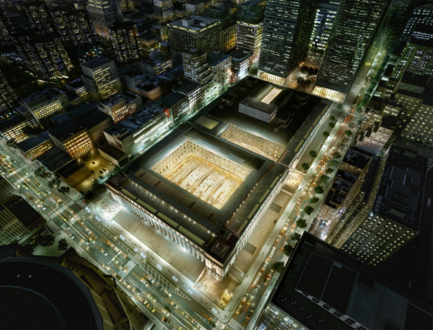 An overhead view of Moynihan Train Hall. Rendering: SOM