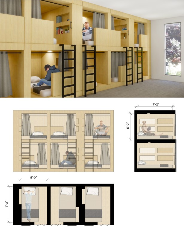Thinking Inside the Big Box—Innovative Concepts to Combat the Homeless Crisis re habit bed pods with section and plan view Thinking Inside the Big Box—Innovative Concepts to Combat the Homeless Crisis